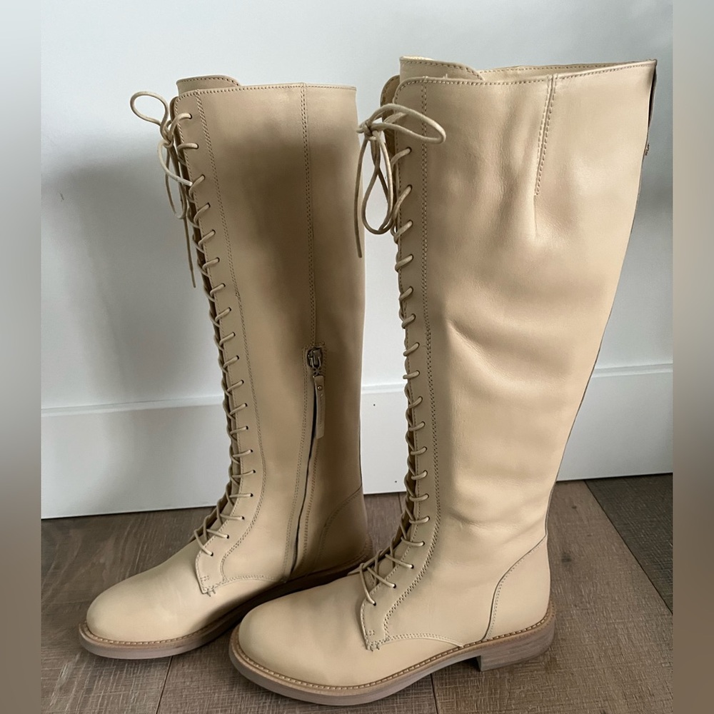 Sam Edelman Leather Lace Up Cream Boots